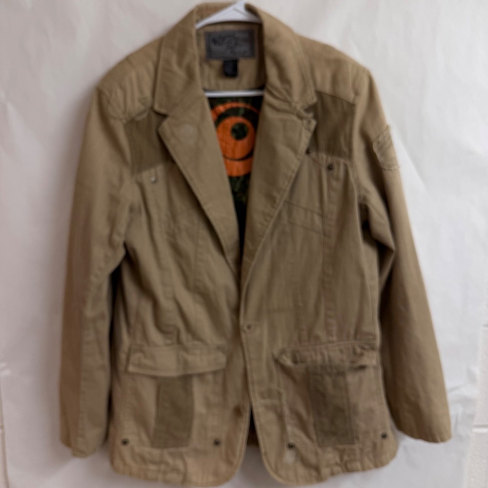 Caffeine Culture VTG Y2K Mens Tan Utility Jacket Blazer Elbow Patch Camo Lined L